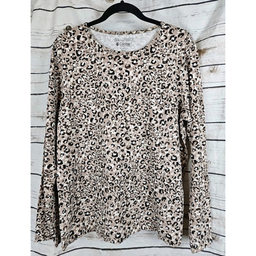 Coolibar Leopard Animal Print Top Womens XL UPF 50+ Long Sleeves Cotton Blend